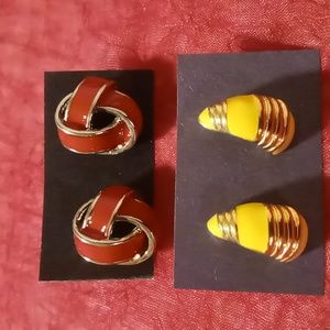 Vintage gold tone & red enamel knots and gold ,yellow half stud hoop earrings